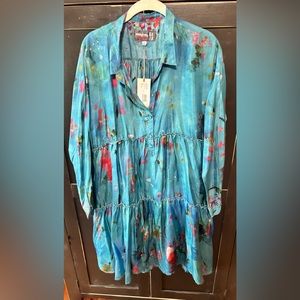 Silk Johnny Was dress in a beautiful blue watercolor print new with tags
